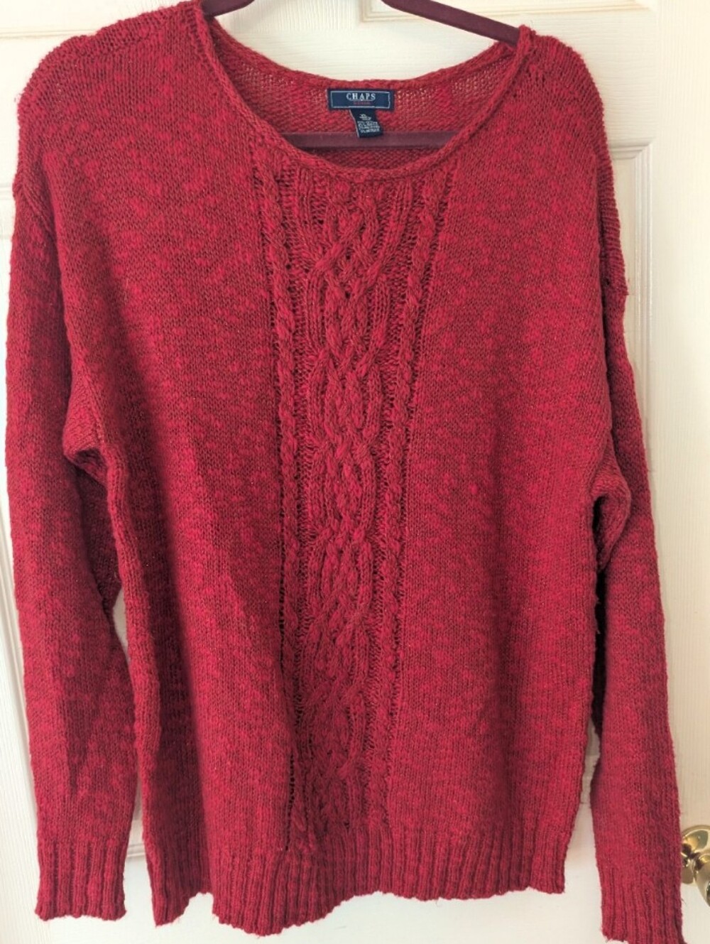 Chaps Denim Women's XL Red Cable Knit Sweater Metallic Crew Neck Chunky Cozy